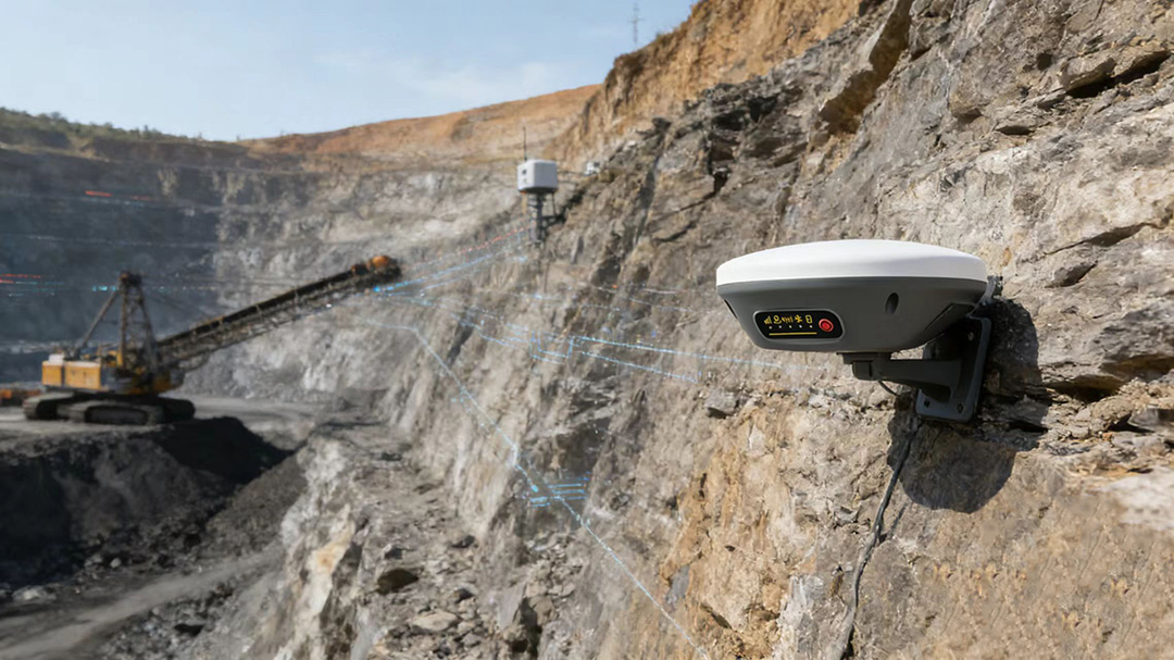 GNSS RTK slope monitoring system detecting geological displacements in open-pit mining for enhanced safety.